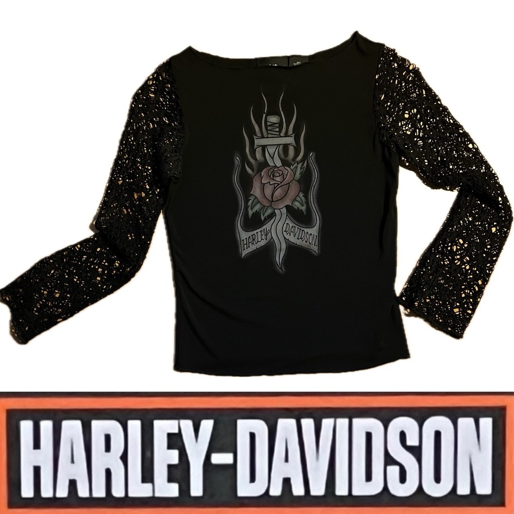🏍️🌹Rose & Dagger Lace Sleeve|  Long Sleeve Top | Poly Spandex Blend | Small